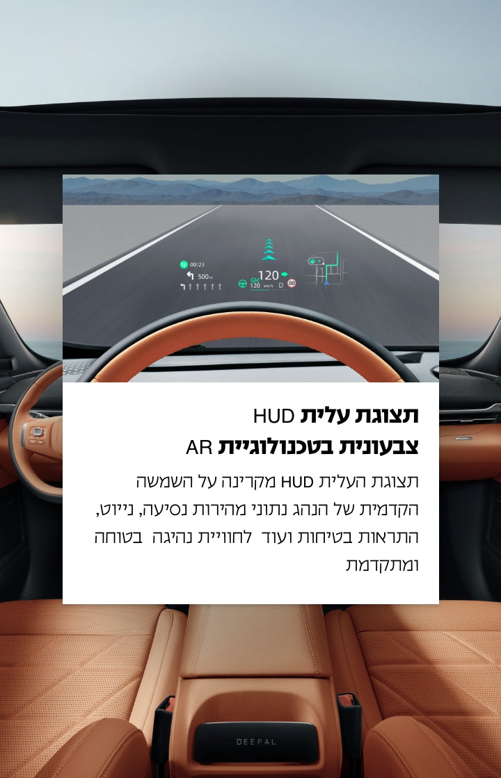 תצוגת עלית HUD צבעונית בטכנולוגיית AR.
תצוגת העלית HUD המקרינה על השמשה הקדמית של הנהג נתוני מהירות נסיעה, ניווט, התראות בטיחות ועוד לחוויית נהיגה בטוחה ומתקדמת.
